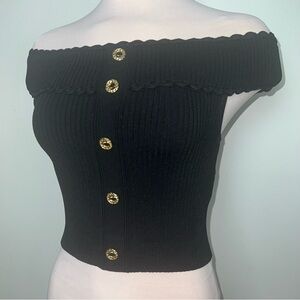 Sandro Black Off Shoulder Ribbed Knit Top w/ Gold Button    Detail Size 1 Small